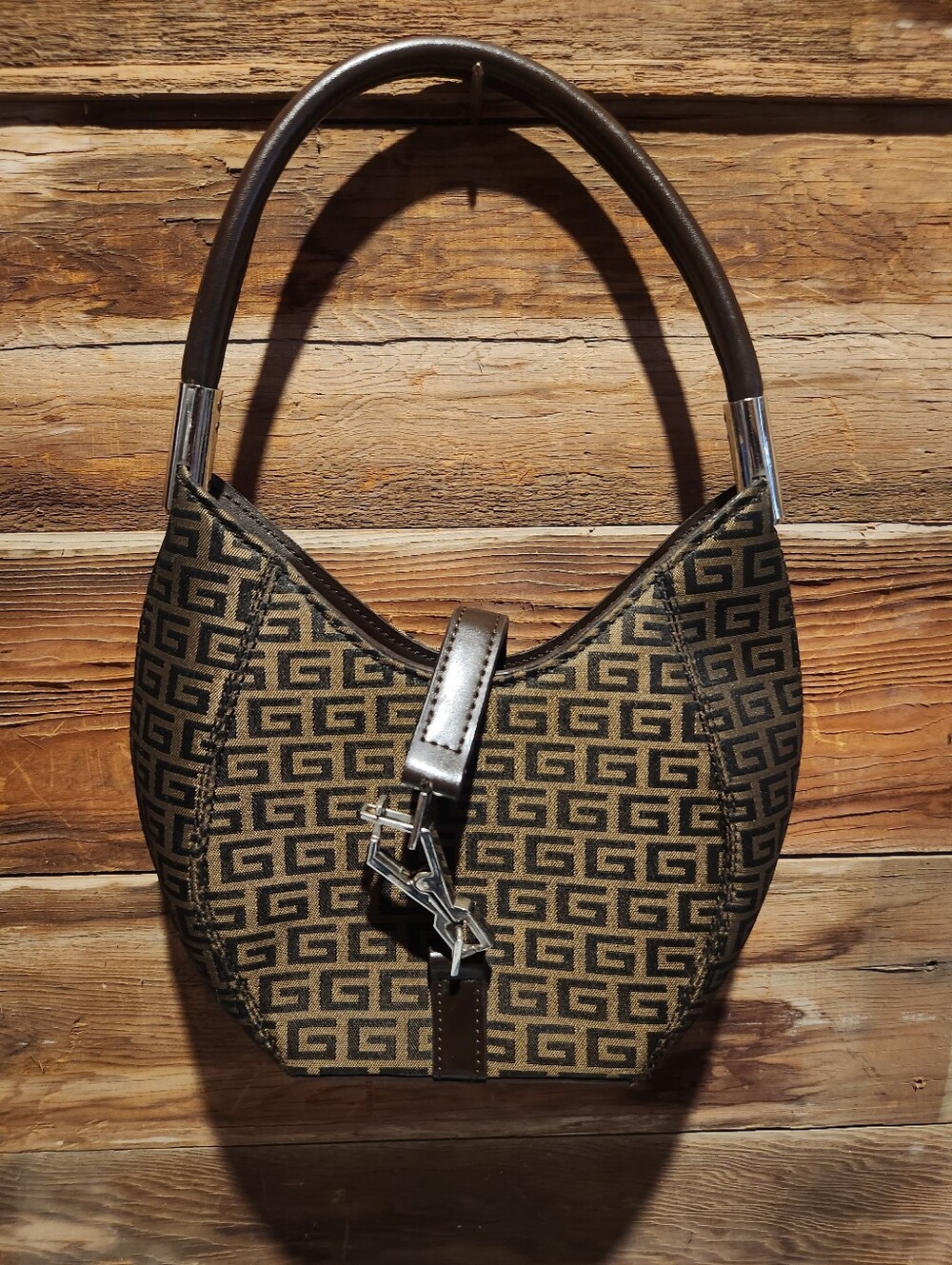 Geometric Pattern Small Bag Brown Satchel Drawstring Inside